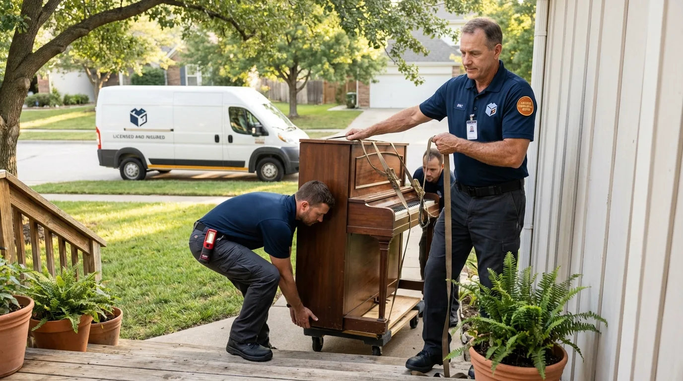 Licensed piano movers securing grand piano in Boonville, NY