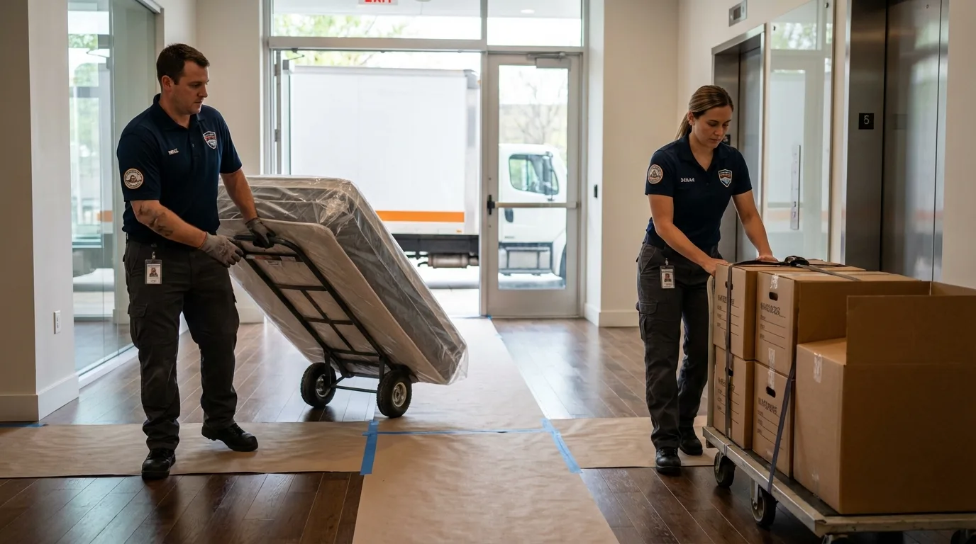 Professional apartment movers loading elevator in Boonville, NY